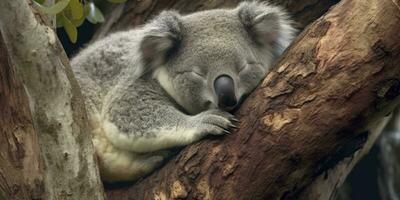 AI generated Koala asleep in tree. AI Generated photo