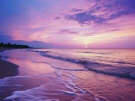 AI generated Summer beach with blue water and purple sky at the sunset.  AI Generated. photo