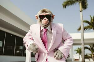 AI generated A Monkey is wearing sunglasses, suit and standing on street. AI Generated photo