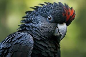 ai generado un preciosa rojo cola negro cacatúa. ai generado foto