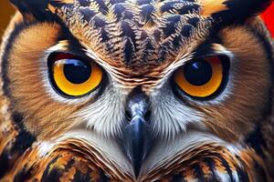 AI generated Owl headshot with closeup of face. Generative AI photo