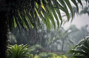 ai generado lluvia en el zona tropical durante el bajo temporada o monzón estación. gotas de lluvia en un jardín. generativo ai foto