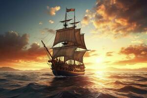 AI generated Pirate ship sailing on the ocean at sunset. Vintage cruise. AI Generated photo