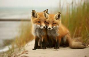 AI generated Wild baby red foxes cuddling at the beach. Generative AI photo