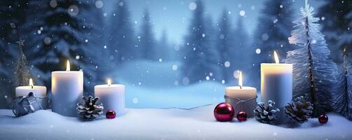 AI generated Winter Forest Landscape With Burning Candles Christmas Decoration. AI Generated photo