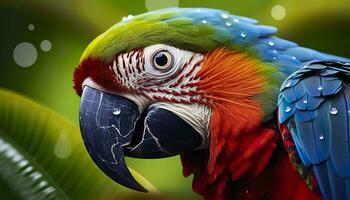 AI generated Tropical macaw perched, vibrant feathers in focus. Generative AI photo