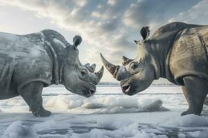 AI generated Two Rhinoceros getting ready for fight on Ice. AI Generated photo