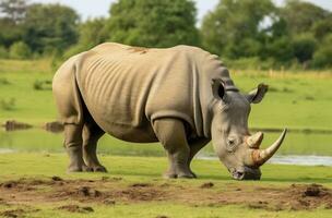 AI generated White Rhino grazing. AI Generated photo