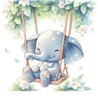 AI generated Cute happy baby elephant on swings in the tree in watercolor. AI Generated photo