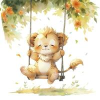 AI generated Cute and happy baby lion on swings on the tree in watercolor style. AI Generated photo