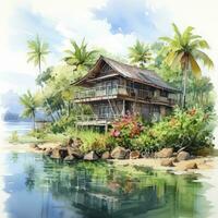 AI generated A watercolored bright serene image of a traditional bahay kubo. AI Generated photo