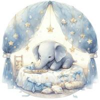 ai generado un elefante en un cama con estrellas y mantas alrededor el círculo. ai generado foto