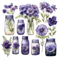 AI generated Collection of watercolor mason jars with purple flowers clipart. AI Generated photo