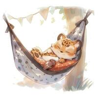 AI generated A sleepy baby leopard in a hammock. watercolor illustration. AI Generated photo