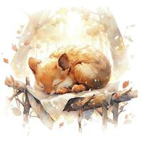 AI generated A sleepy baby squirrel in a bedding. watercolor illustration. AI Generated photo