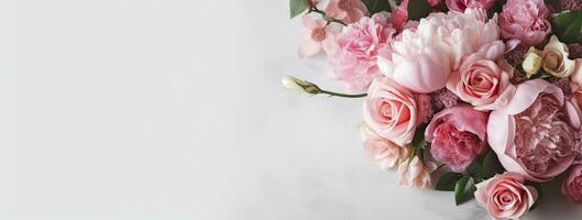 AI generated Fresh bunch of pink peonies and roses with copy space. AI Generated photo