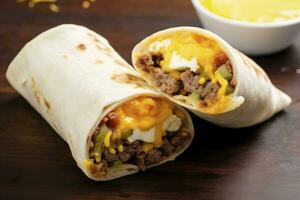 AI generated Breakfast burrito with sausage, eggs, hashbrown and cheese. AI Generated photo