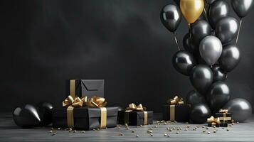 AI generated Black Friday sale banner with ballon and gift box space for text. AI Generated photo