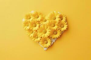 ai generado amarillo corazón conformado por amarillo margaritas terminado amarillo antecedentes. ai generado foto
