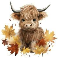 AI generated Happy cute baby highland cow in autumn leaves in the watercolor style. AI Generated photo