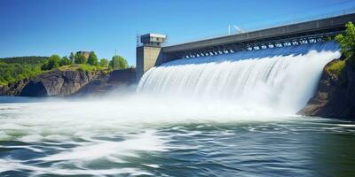 ai generado hidroeléctrico represa generando verde energía desde fluido agua. ai generado. foto