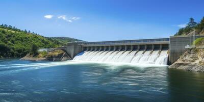 ai generado hidroeléctrico represa generando verde energía desde fluido agua. ai generado. foto