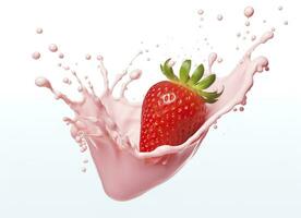 AI generated milk or yogurt splash with strawberries isolated on white background, 3d rendering. AI Generated photo