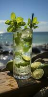 AI generated Stunning photo of cocktail mojito, a sunny summer beach in the background. Generative AI