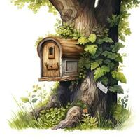 AI generated Watercolor mailbox in a tree on a white background. AI Generated photo