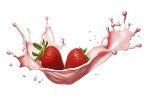 AI generated milk or yogurt splash with strawberries isolated on white background, 3d rendering. AI Generated photo