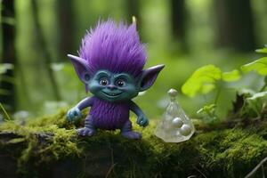 AI generated Tale troll with crystals in the forest, natural green background. Generative AI photo