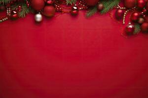 AI generated Christmas or New Year red background with fir decor. AI Generated photo