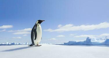 AI generated Penguin standing in Antarctica looking into the blue sky. AI Generated photo