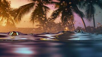 AI generated Beach with waves and coconut trees at sunset. Generative AI photo