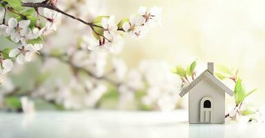 AI generated Toy house and cherry flowers, spring abstract natural background. Generative AI photo