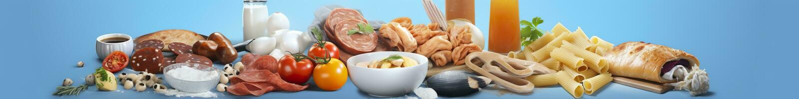 AI generated Web page banner of famous Italian food recipes on clean blue background. AI Generated photo