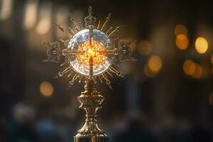 AI generated The golden monstrance with a little transparent crystal center, consecrated host. church defocused background. AI Generative photo