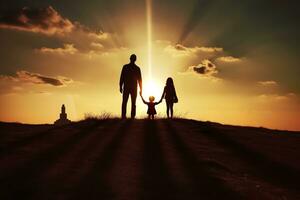 ai generado sombra de contento familia juntos, padres con su pequeño bebé a puesta de sol. un silueta de amor y unidad. ai generativo foto