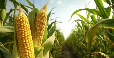 ai generado de cerca maíz mazorcas en maíz plantación campo. generativo ai foto