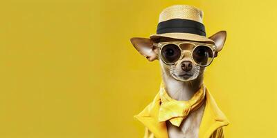 ai generado frio mirando chihuahua perro vistiendo miedoso Moda vestido. espacio para texto Derecha lado. generativo ai foto