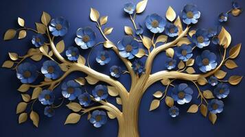 AI generated Elegant gold and royal blue floral tree with leaves and flowers hanging branches illustration background. AI Generated. photo