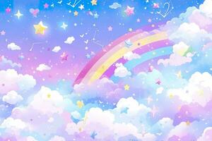 AI generated Fantasy sky rainbow. Fairy skies rainbows colors, magic landscape and dream sky. Generate Ai photo