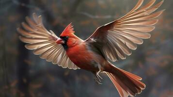 AI generated Northern Cardinal coming in for a landing. Generative AI photo