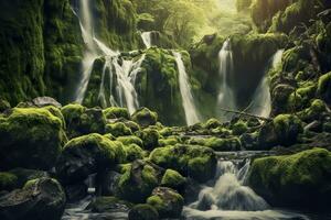 AI generated Waterfall landscape with rocks covered in green moss. AI Generated photo