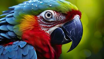 ai generado tropical guacamayo encaramado, vibrante plumas en enfocar. generativo ai foto