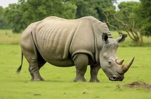 AI generated White Rhino grazing. AI Generated photo