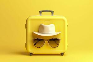 AI generated Yellow suitcase with sun glasses and hat on yellow background. travel concept. Generative AI photo