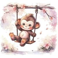 AI generated Cute happy baby monkey on swings on a tree in watercolor. AI Generated photo