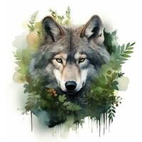 AI generated Wolf animal in greenery for kids emotional watercolors. AI Generated photo