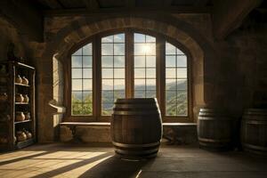 ai generado barril en un antiguo castillo junto a el ventana. ai generado foto